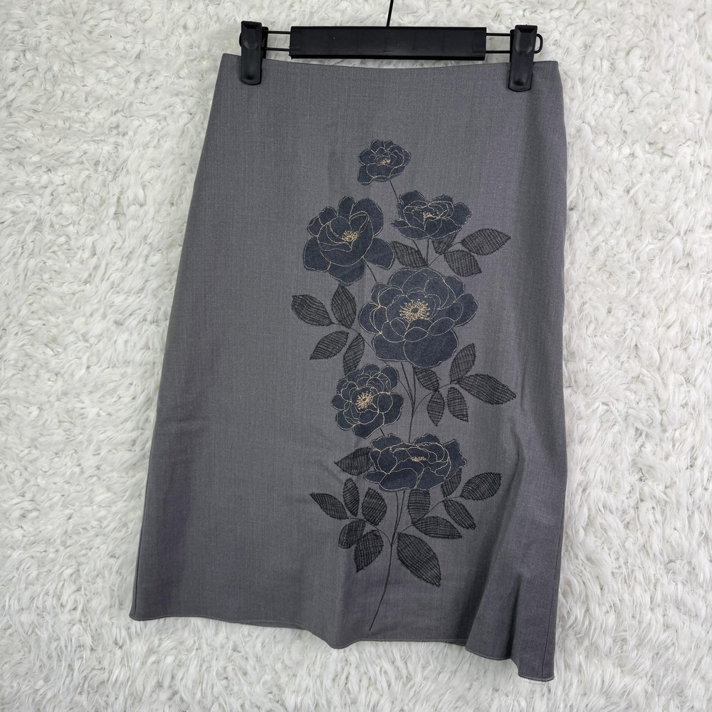 United Colors Of Benetton Skirt Womens 38 Gray‎ Floral Embroidered 100% Wool Y2K